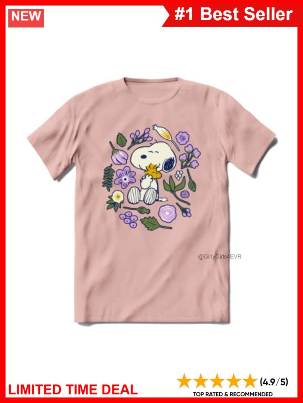 Unisex Snoopy Peanuts Floral Graphic T-Shirt Crew Neck Short Sleeve